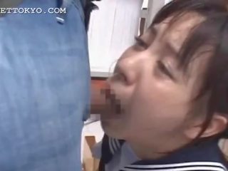 Brunette asian mouth fucked hard in school library